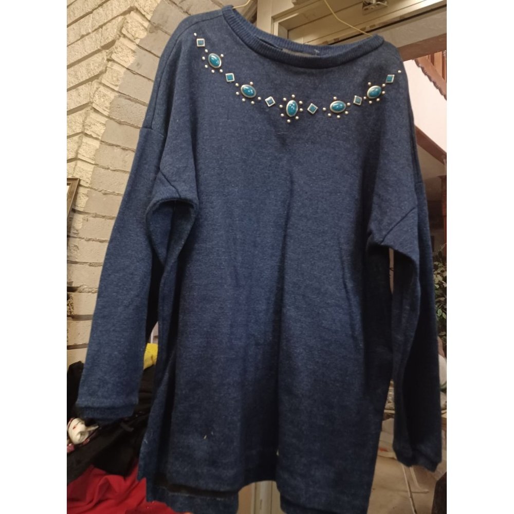 Bonnie Boynton Women's Sweater Medium Navy with Turquoise-Like Decorations
